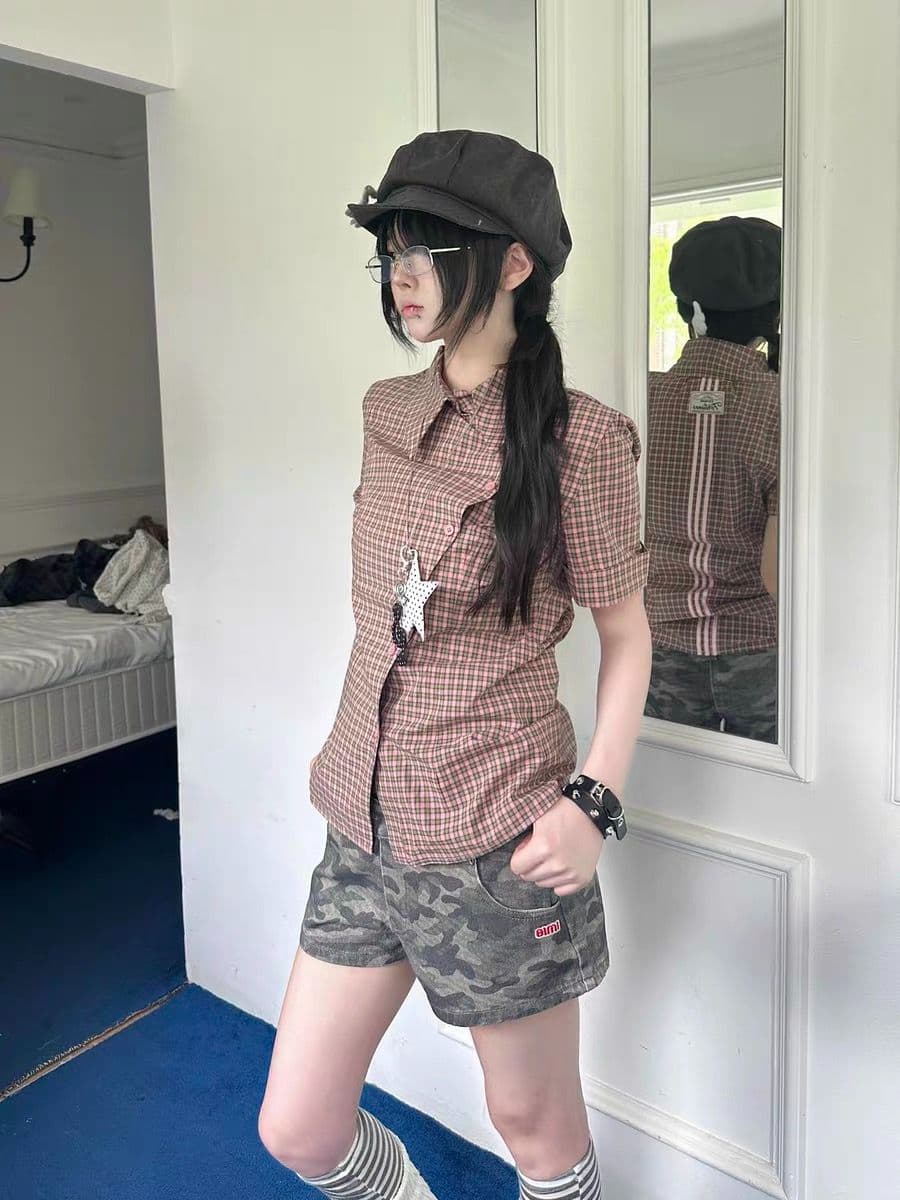 여름 새로운 트렌드 핫걸 다용도 바지 한 부서 아메리칸 레트로 디자인 센스 더블 허리 머리 카모플라주 반바지 이미지 4