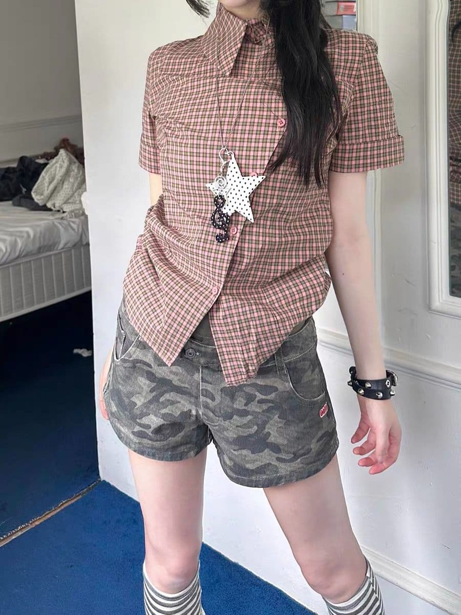여름 새로운 트렌드 핫걸 다용도 바지 한 부서 아메리칸 레트로 디자인 센스 더블 허리 머리 카모플라주 반바지 상세 이미지 2