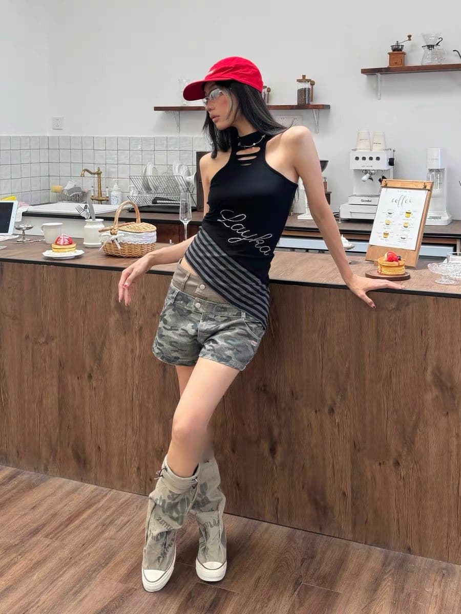 매운맛 ~까지 열사병 아메리칸 레트로 카모플라주 배색 더블 허리 머리 반바지 중 로우 웨이스트 슬림해 보이는 패션 다용도 핫 바지 이미지 2