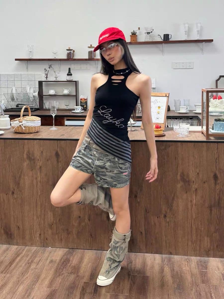 매운맛 ~까지 열사병 아메리칸 레트로 카모플라주 배색 더블 허리 머리 반바지 중 로우 웨이스트 슬림해 보이는 패션 다용도 핫 바지 이미지 3