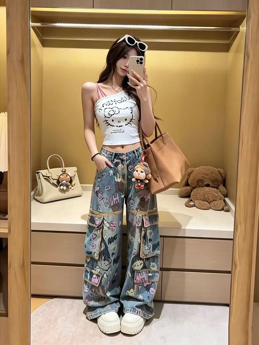 여름 하이웨이스트 루즈핏 다용도 디자인 센스 모통이 칼 바지 레트로 만화 수채화 재미있는 낙서 넓은 다리 청바지 여성
