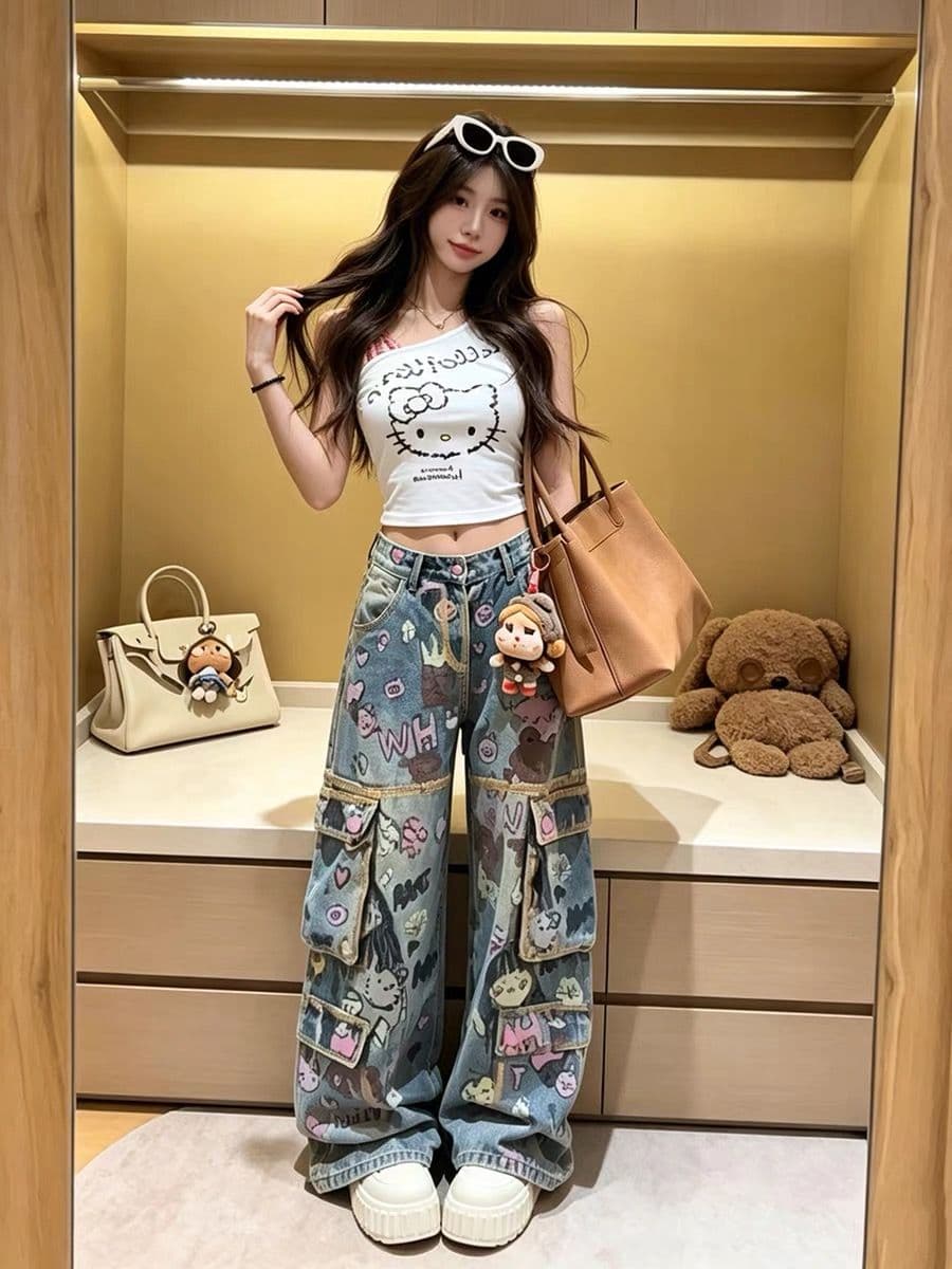 여름 하이웨이스트 루즈핏 다용도 디자인 센스 모통이 칼 바지 레트로 만화 수채화 재미있는 낙서 넓은 다리 청바지 여성 이미지 2