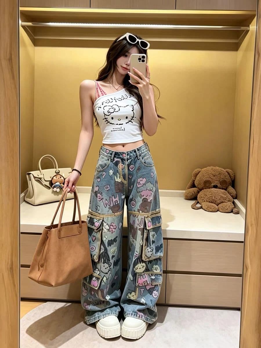 여름 하이웨이스트 루즈핏 다용도 디자인 센스 모통이 칼 바지 레트로 만화 수채화 재미있는 낙서 넓은 다리 청바지 여성 이미지 3
