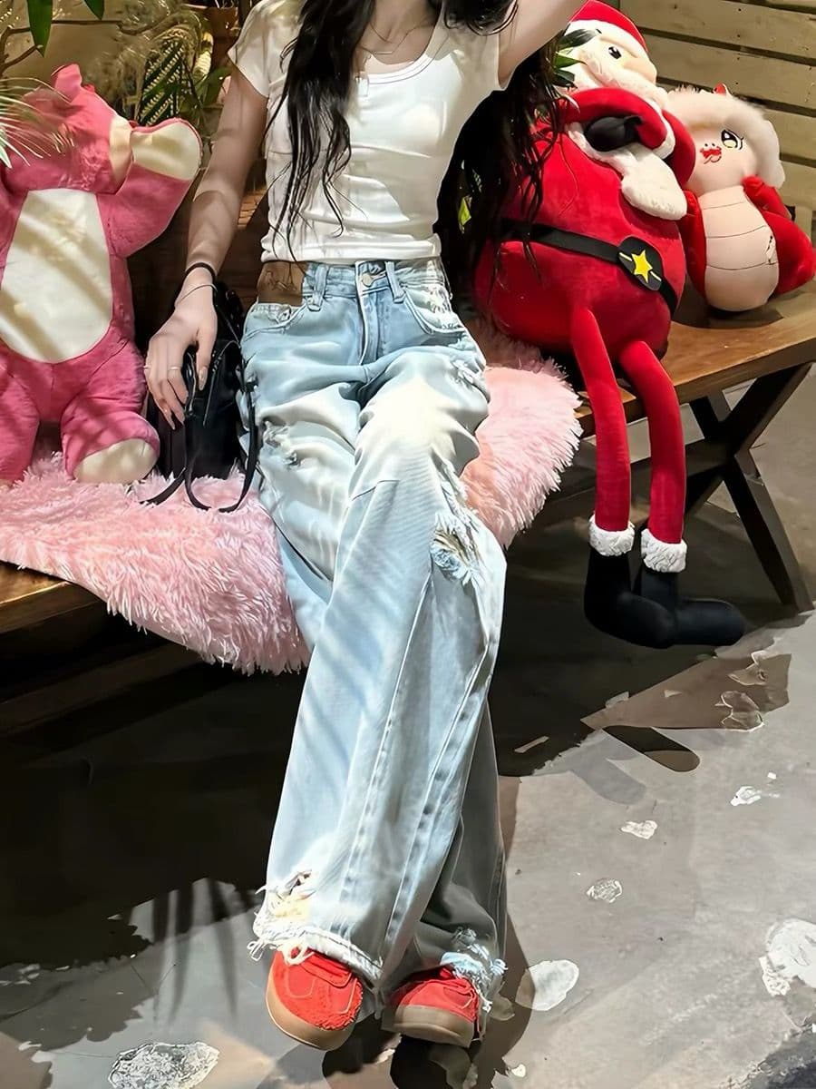 여름 새로운 찢어진 부분 넓은 다리 청바지 여성 한 부서 핫걸 하이웨이스트 루즈핏 다용도 스트레이트 바닥 청소 긴 바지 상세 이미지 4