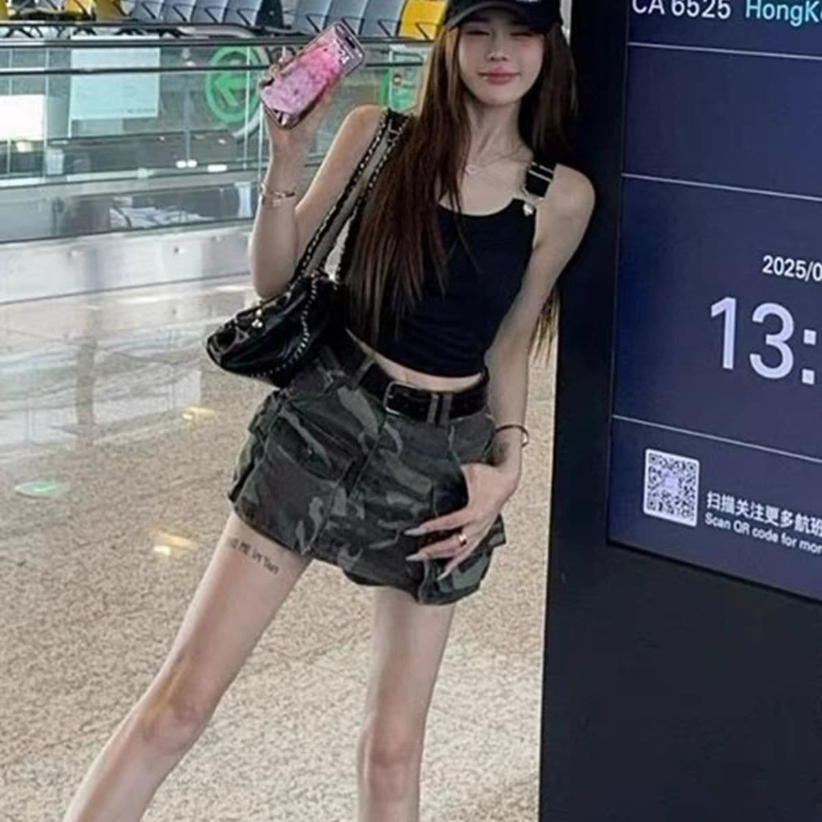 여름 새로운 작은 대중 개성 주머니 넓은 다리가 짧다. 바지 바람의 소리 아메리칸 레트로 카모플라주 워크웨어 청바지 여성 이미지 5