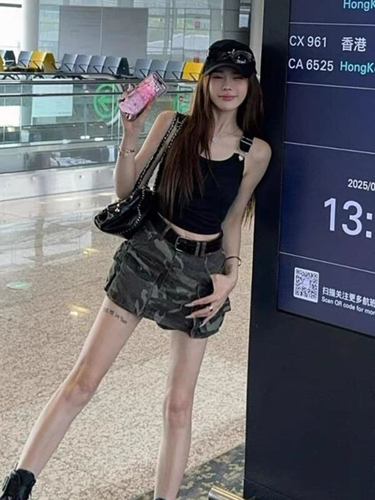 여름 새로운 작은 대중 개성 주머니 넓은 다리가 짧다. 바지 바람의 소리 아메리칸 레트로 카모플라주 워크웨어 청바지 여성 상세 이미지 3