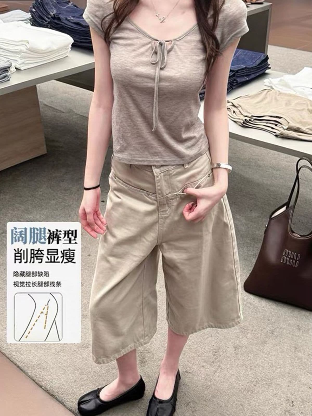 아메리칸 카키 색 넓은 다리 7 점 데님 반바지 여성 2026 여름 얇은 스타일 새로운 작은 키 루즈핏 스트레이트 바지 이미지 4
