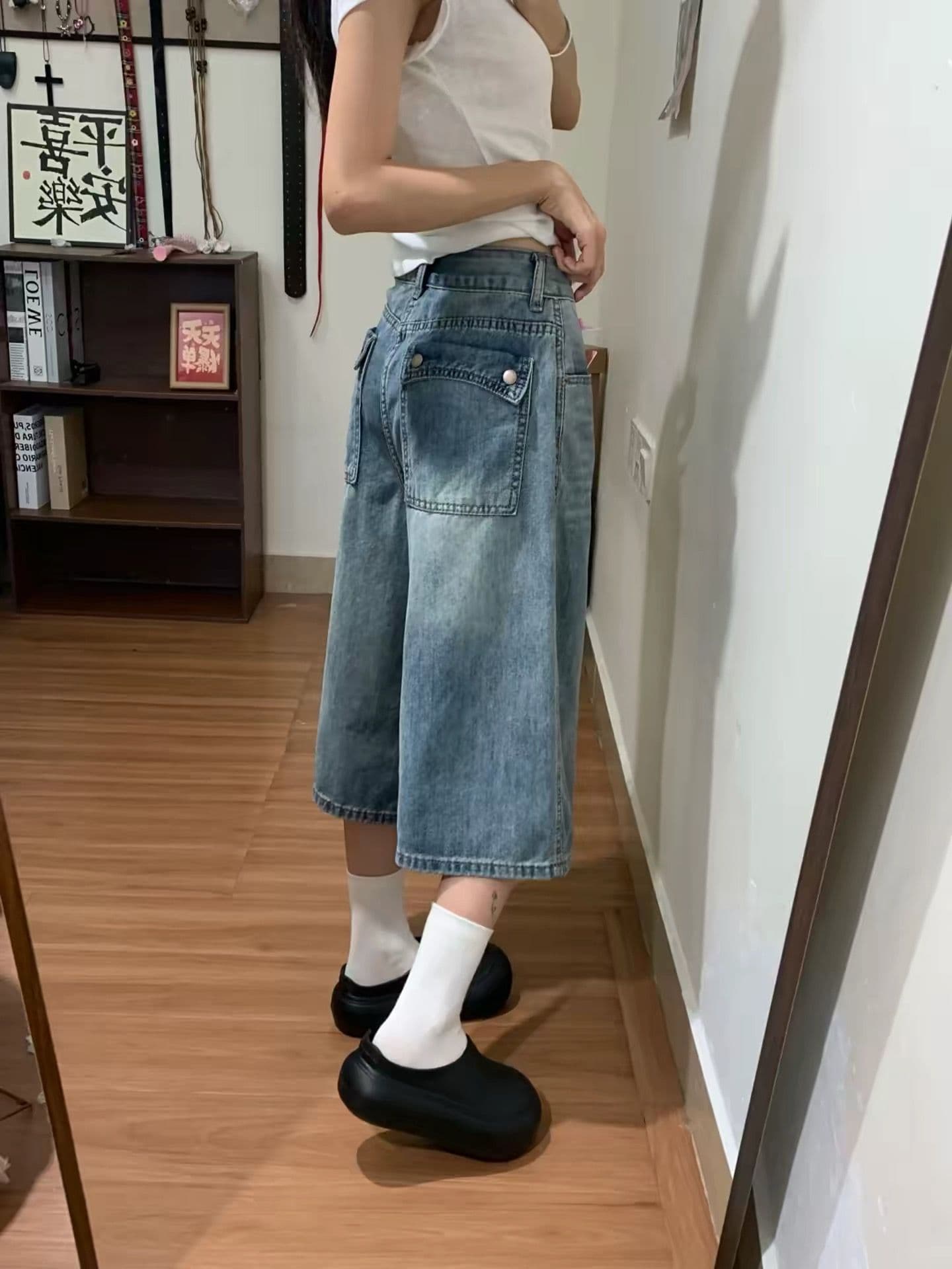 여름 새로운 작은 키 하이웨이스트 디자인 센스 느슨함 넓은 다리 바지 아메리칸 레트로 블루 7 점 데님 반바지 여성 상세 이미지 1