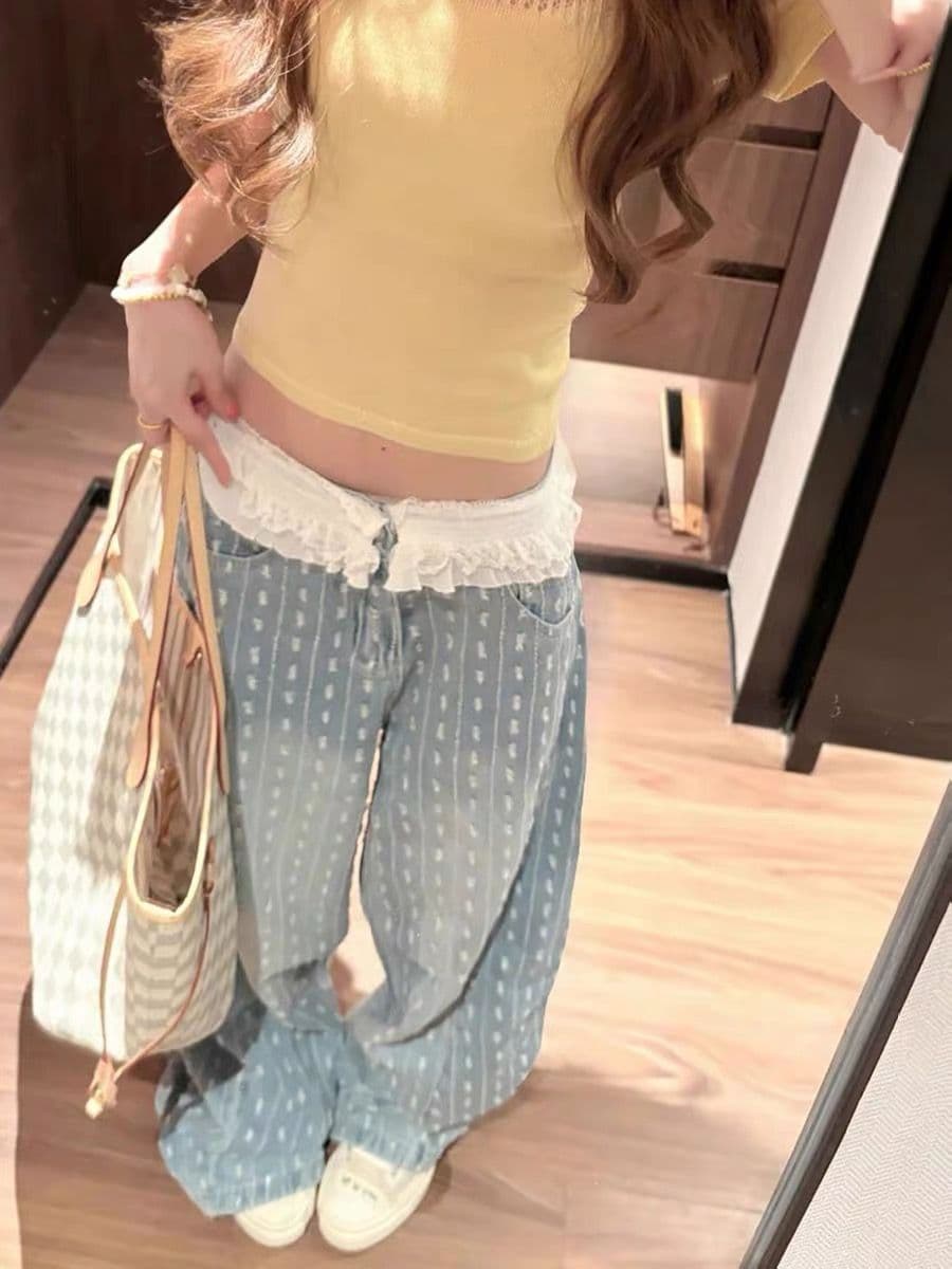 레이스 레이스 패치워크 자카드 모통이 칼 청바지 여성 여름 핫걸 새로운 루즈핏 슬림해 보이는 와이드 레그 팬츠 이미지 2