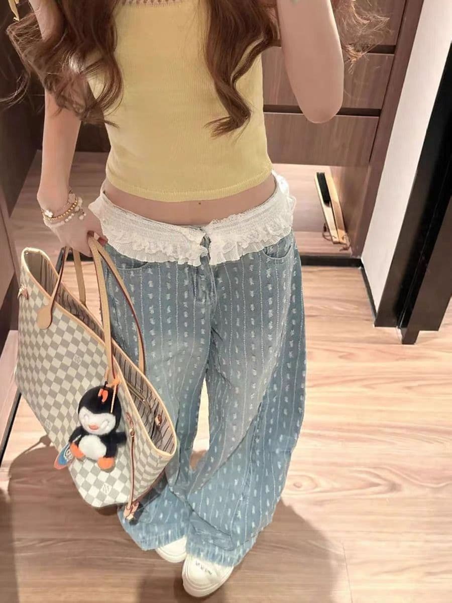 레이스 레이스 패치워크 자카드 모통이 칼 청바지 여성 여름 핫걸 새로운 루즈핏 슬림해 보이는 와이드 레그 팬츠 상세 이미지 2