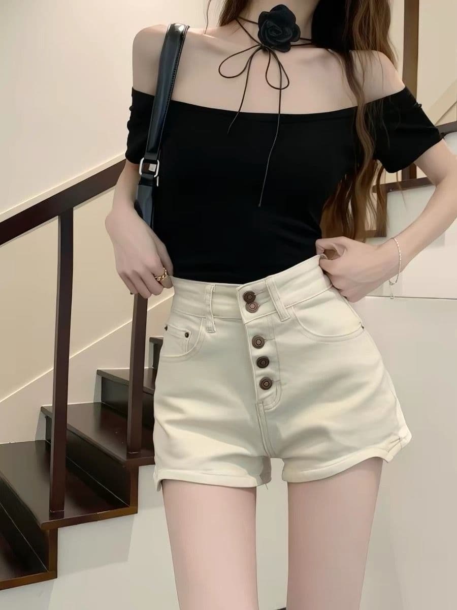 여름 새로운 데님 반바지 여성 디자인 센스 싱글 줄 버튼 핫걸 슬림해 보이는 작은 키 표지 넓적 다리 넓은 다리 핫 바지 상세 이미지 1
