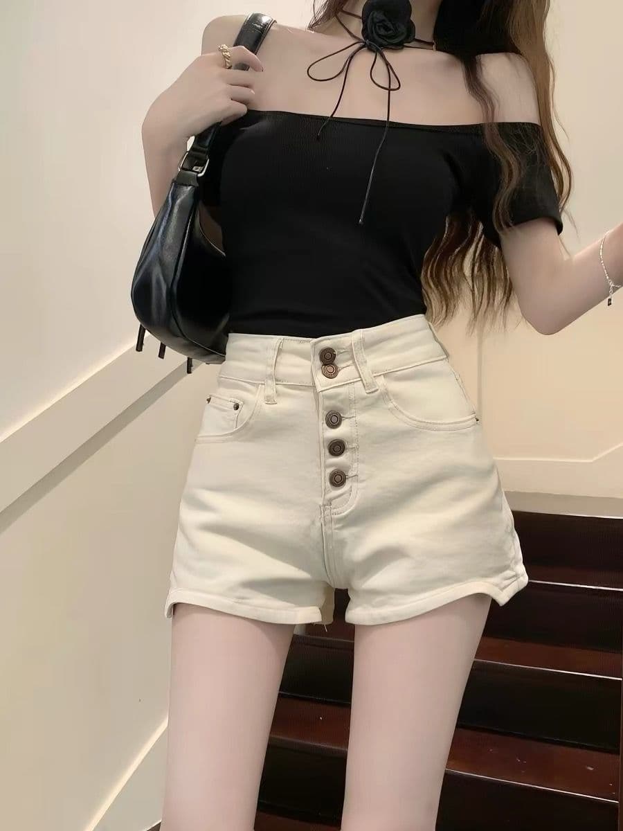 여름 새로운 데님 반바지 여성 디자인 센스 싱글 줄 버튼 핫걸 슬림해 보이는 작은 키 표지 넓적 다리 넓은 다리 핫 바지 상세 이미지 2
