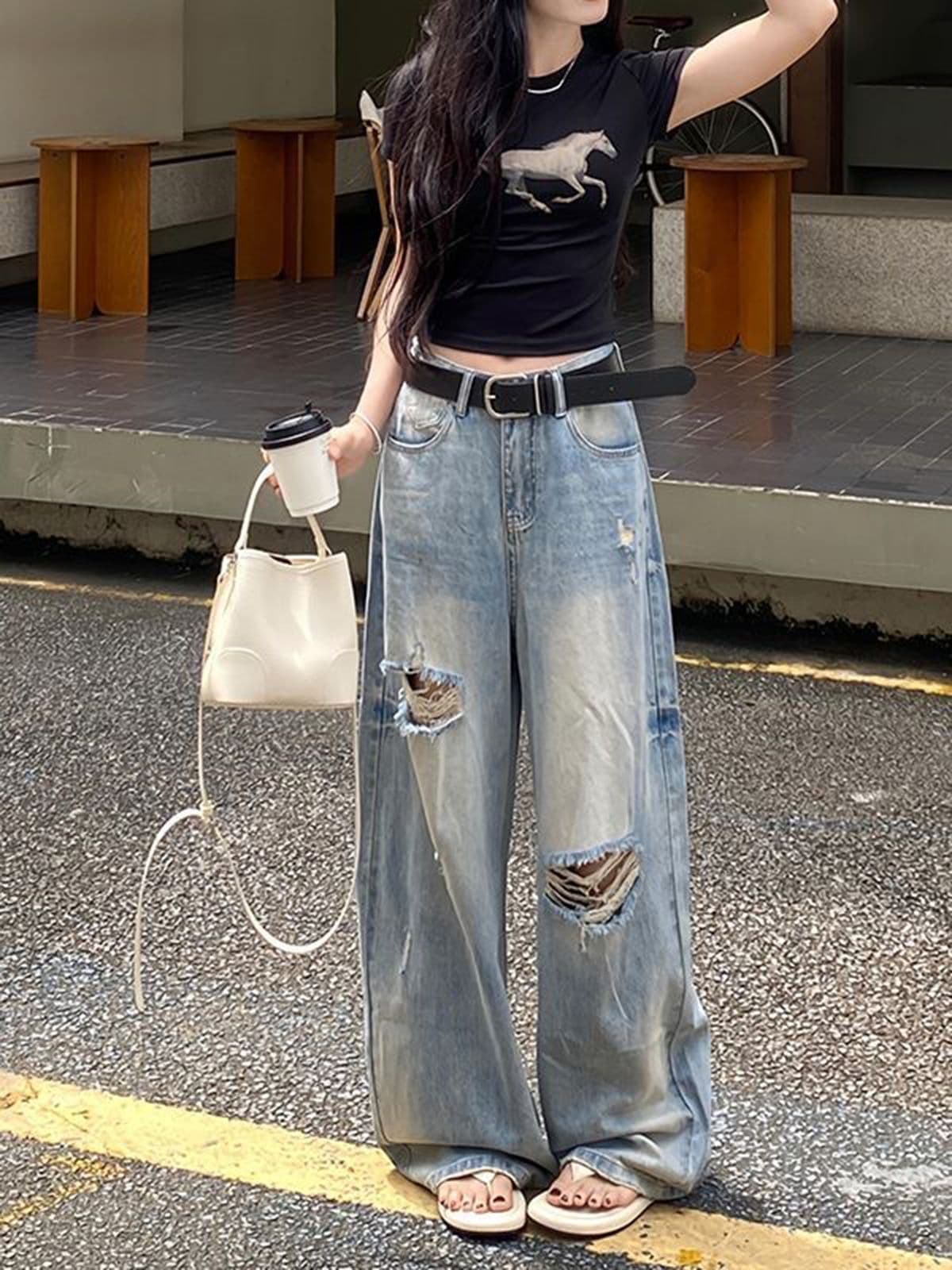 아메리칸 레트로 밝은색 마 오래된 찢어진 부분 청바지 여성 여름 새로운 루즈핏 스트레이트 슬림해 보이는 와이드 레그 팬츠