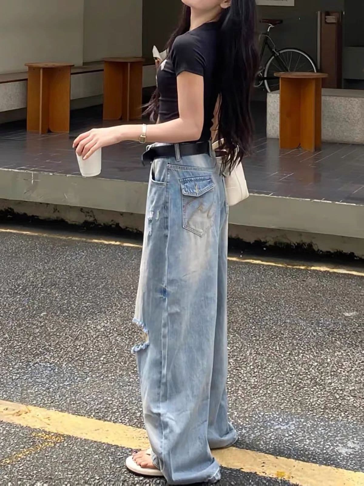 아메리칸 레트로 밝은색 마 오래된 찢어진 부분 청바지 여성 여름 새로운 루즈핏 스트레이트 슬림해 보이는 와이드 레그 팬츠 이미지 4