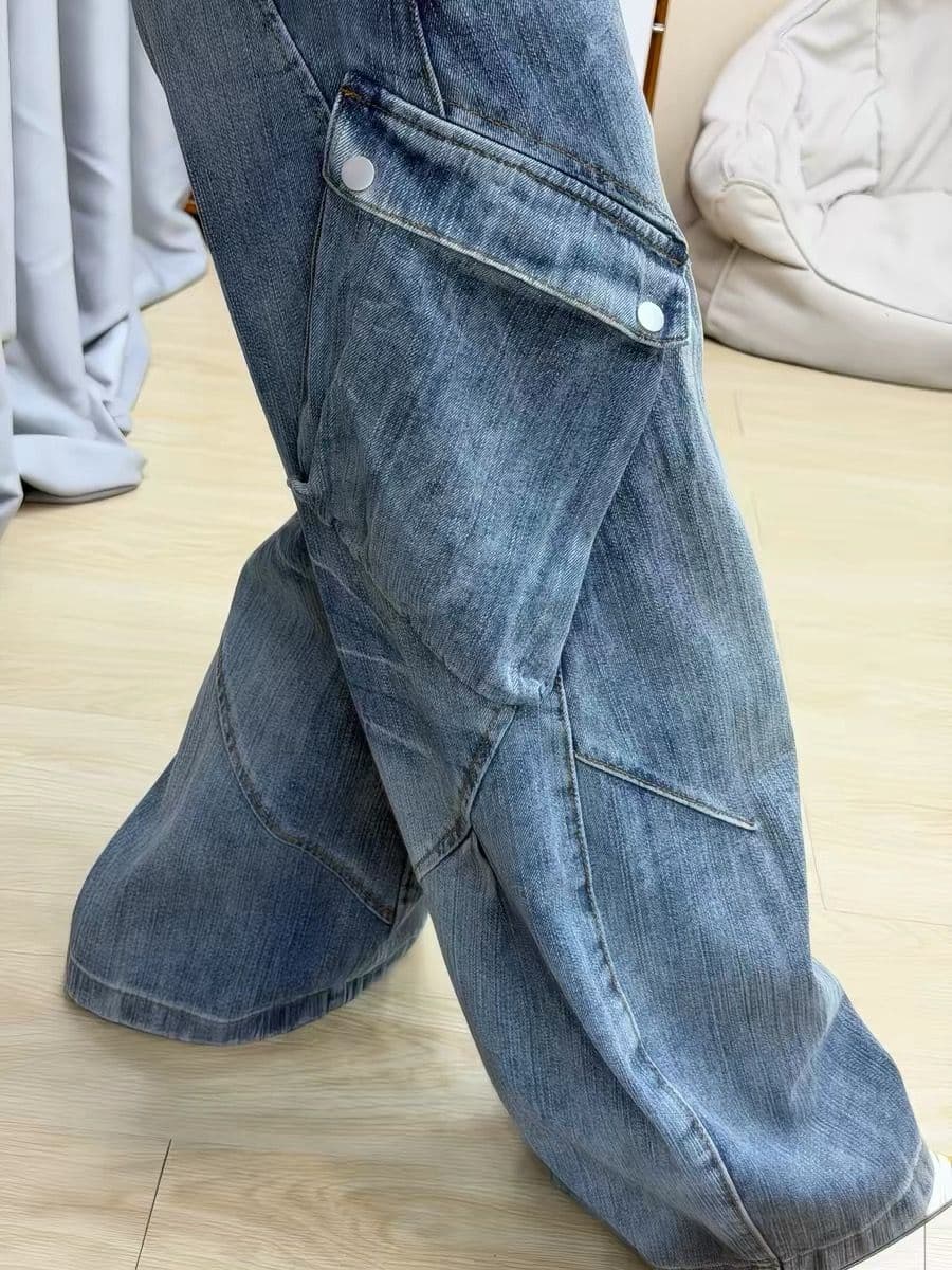 일본식 중년 밝은색 워크웨어 청바지 여성 작은 키 루즈핏 느긋한 바람 마 오래된 바닥 청소 바지 넓은 다리 길이 바지 이미지 2