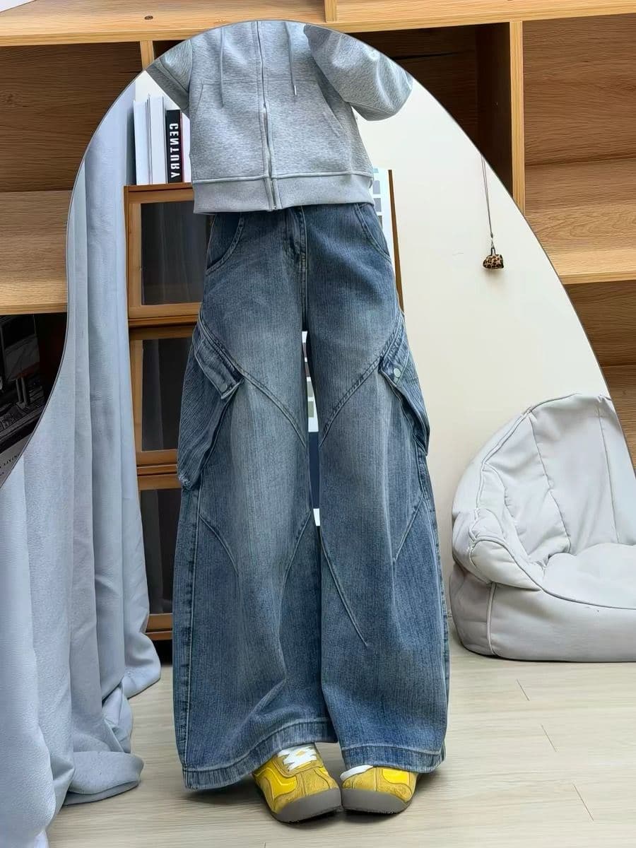 일본식 중년 밝은색 워크웨어 청바지 여성 작은 키 루즈핏 느긋한 바람 마 오래된 바닥 청소 바지 넓은 다리 길이 바지 이미지 3