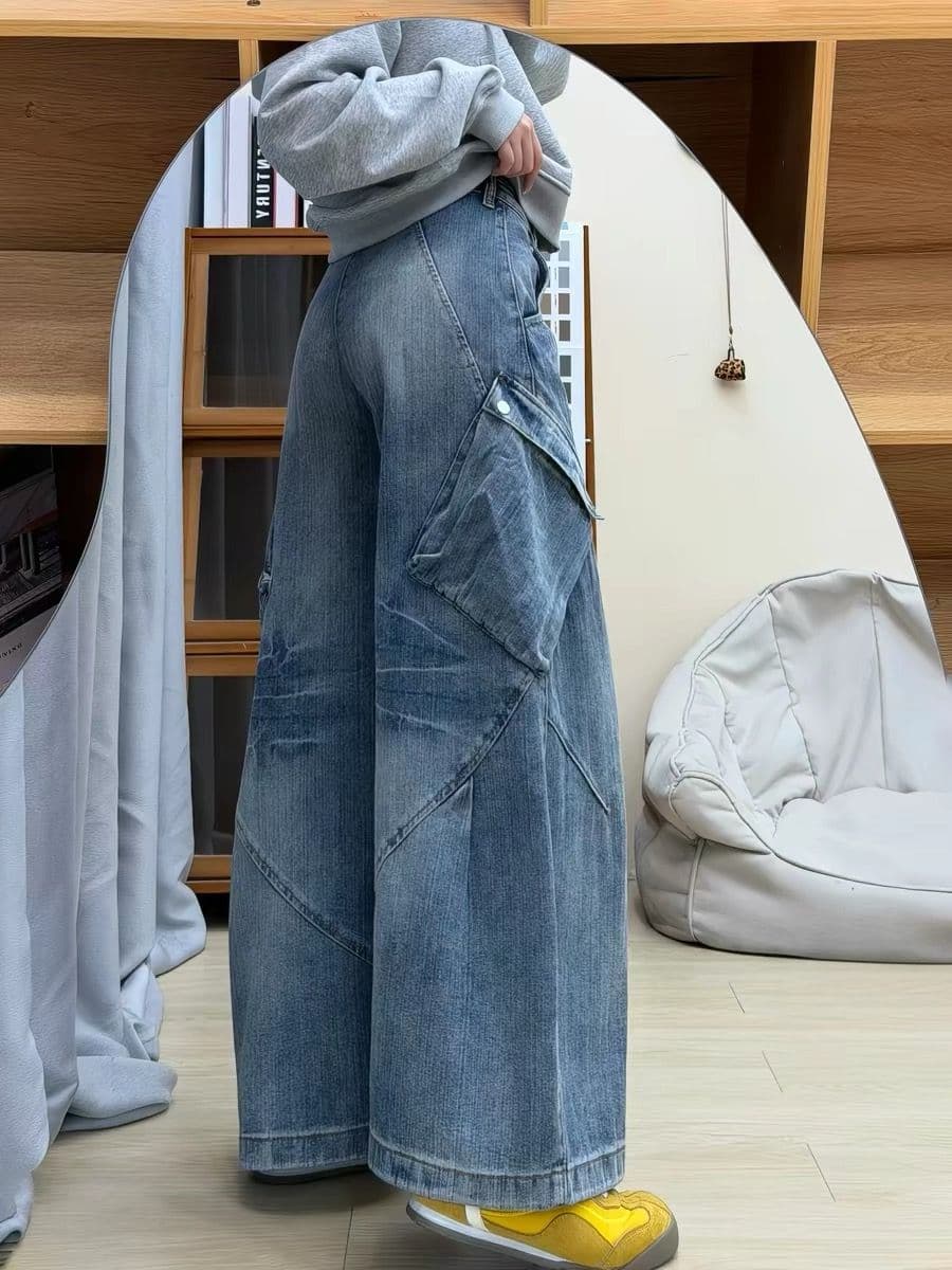 일본식 중년 밝은색 워크웨어 청바지 여성 작은 키 루즈핏 느긋한 바람 마 오래된 바닥 청소 바지 넓은 다리 길이 바지 상세 이미지 1