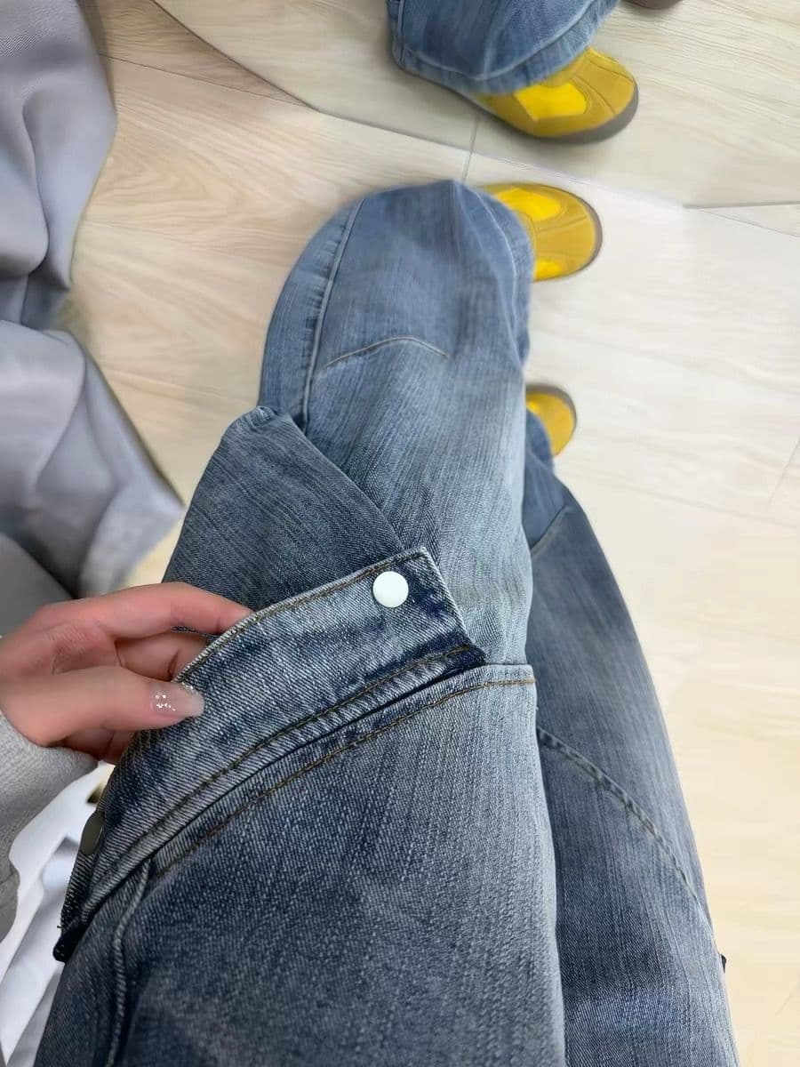 일본식 중년 밝은색 워크웨어 청바지 여성 작은 키 루즈핏 느긋한 바람 마 오래된 바닥 청소 바지 넓은 다리 길이 바지 상세 이미지 3