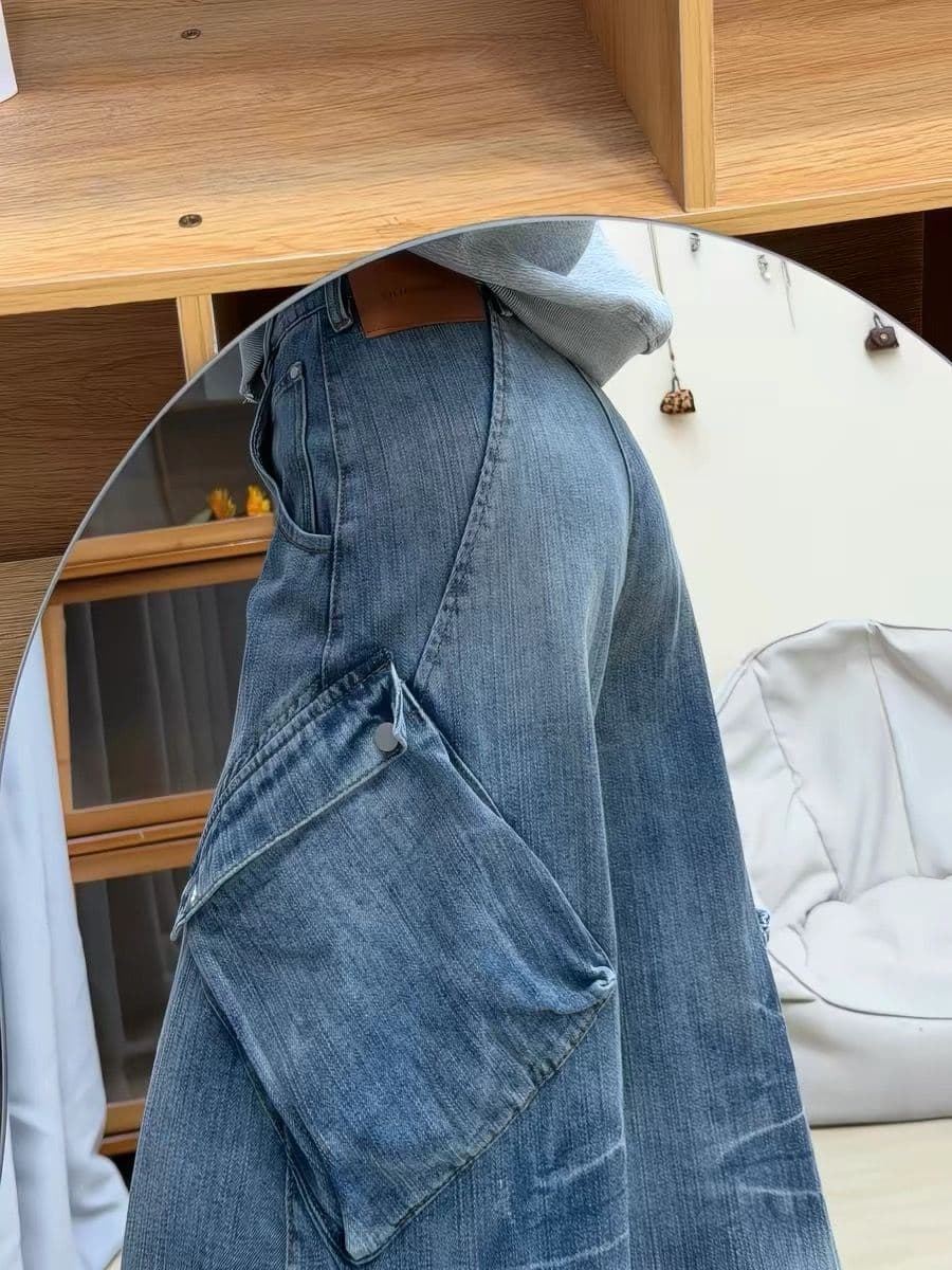 일본식 중년 밝은색 워크웨어 청바지 여성 작은 키 루즈핏 느긋한 바람 마 오래된 바닥 청소 바지 넓은 다리 길이 바지 상세 이미지 5