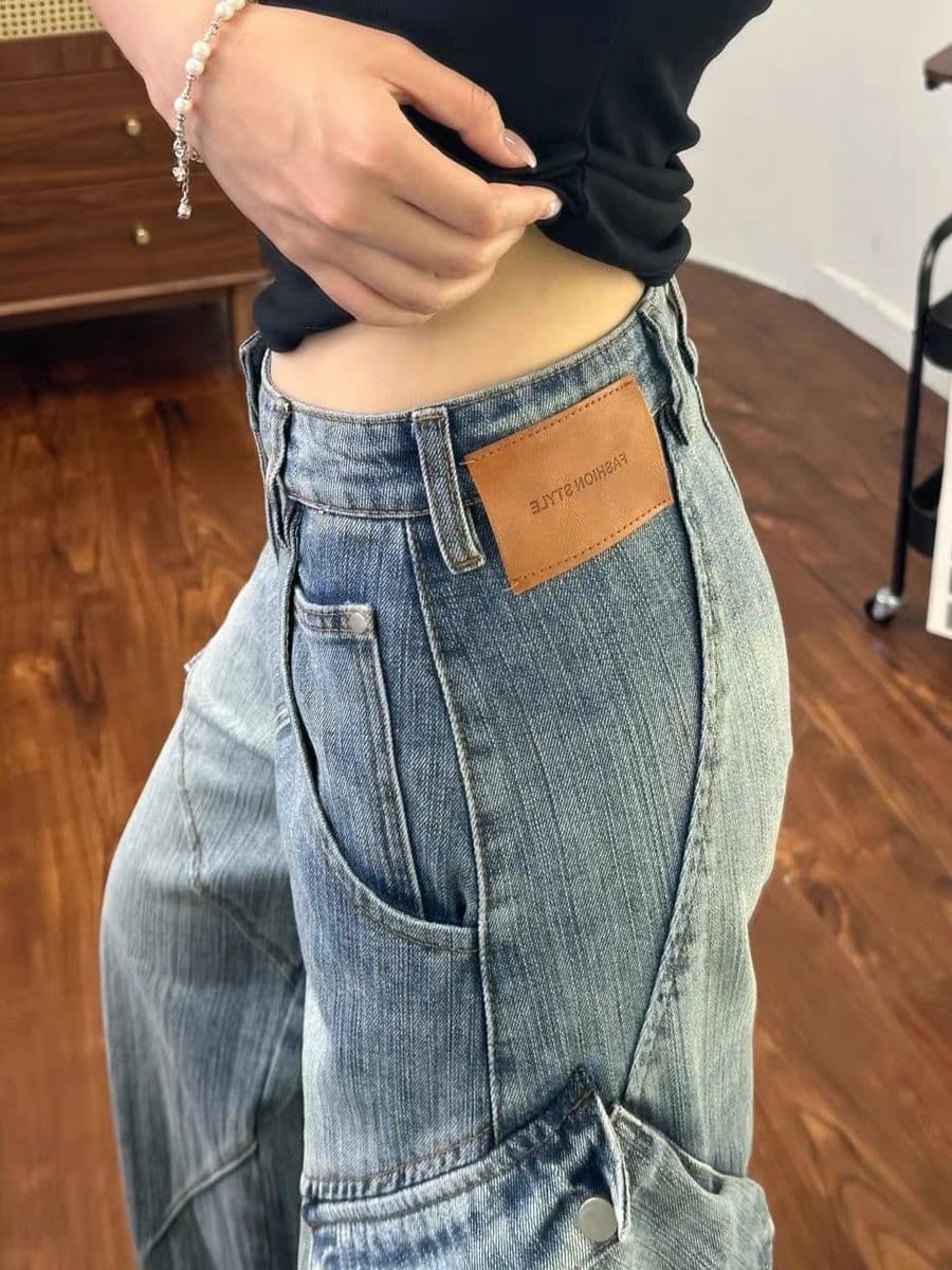 아메리칸 레트로 워싱 대나무 마디 워크웨어 청바지 여성 디자인 센스 기타 주머니 캐주얼 넓은 다리 길이 바지 상세 이미지 4