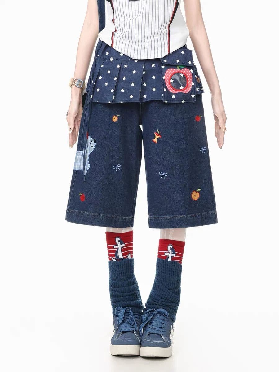 2026 아메리칸 레트로 재미있는 강아지 자수 데님 반바지 여성 느긋한 무릎 어깨 바지 넓은 다리 7 점 바지 상세 이미지 2
