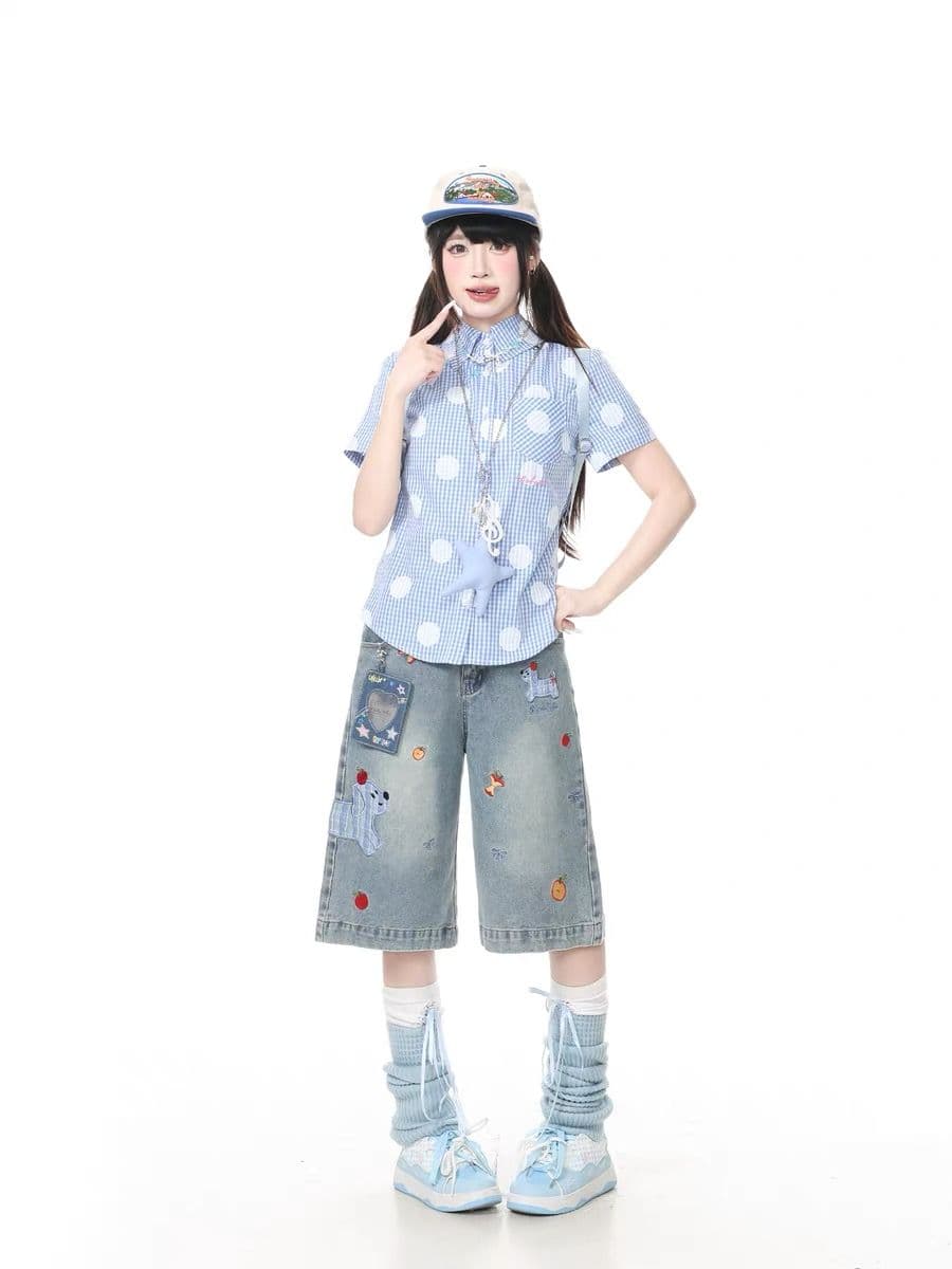 2026 아메리칸 레트로 재미있는 강아지 자수 데님 반바지 여성 느긋한 무릎 어깨 바지 넓은 다리 7 점 바지 상세 이미지 4