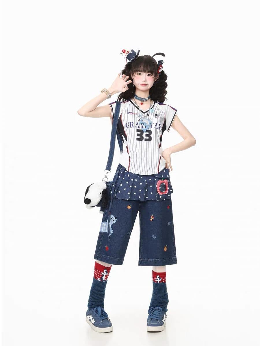 2026 아메리칸 레트로 재미있는 강아지 자수 데님 반바지 여성 느긋한 무릎 어깨 바지 넓은 다리 7 점 바지 상세 이미지 5
