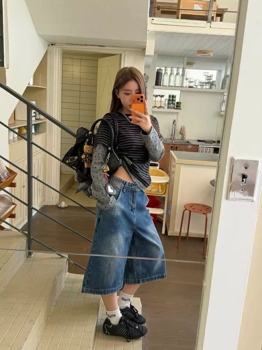 대나무 마디 파리 버클 7부 바지 청바지 남녀 여름 새로운 워싱 마 오래된 디자인 센스 무릎 아래 바지 상세 이미지 3