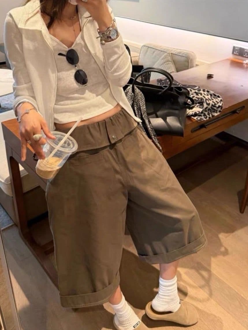 아메리칸 워크웨어 바람 레이스 뒤집다 허리 넓은 다리 7부 바지 여성 여름 새로운 루즈핏 슬림해 보이는 스트레이트 캐주얼 바지 이미지 4