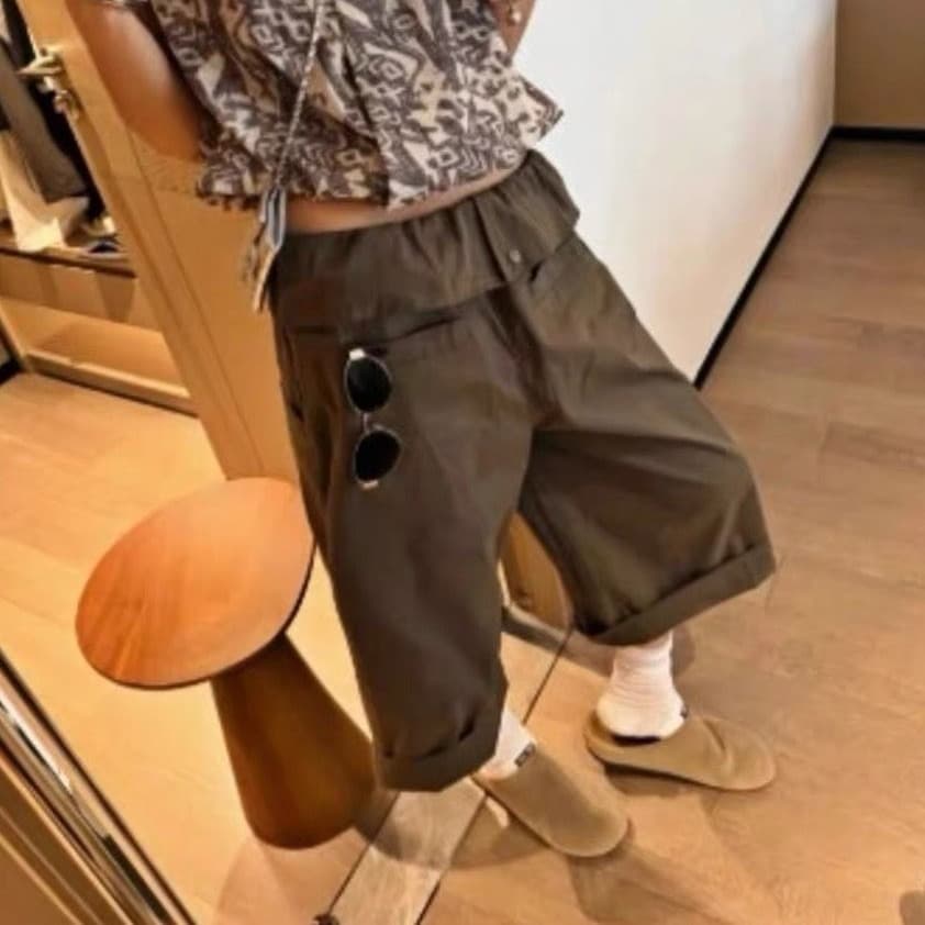아메리칸 워크웨어 바람 레이스 뒤집다 허리 넓은 다리 7부 바지 여성 여름 새로운 루즈핏 슬림해 보이는 스트레이트 캐주얼 바지 이미지 5