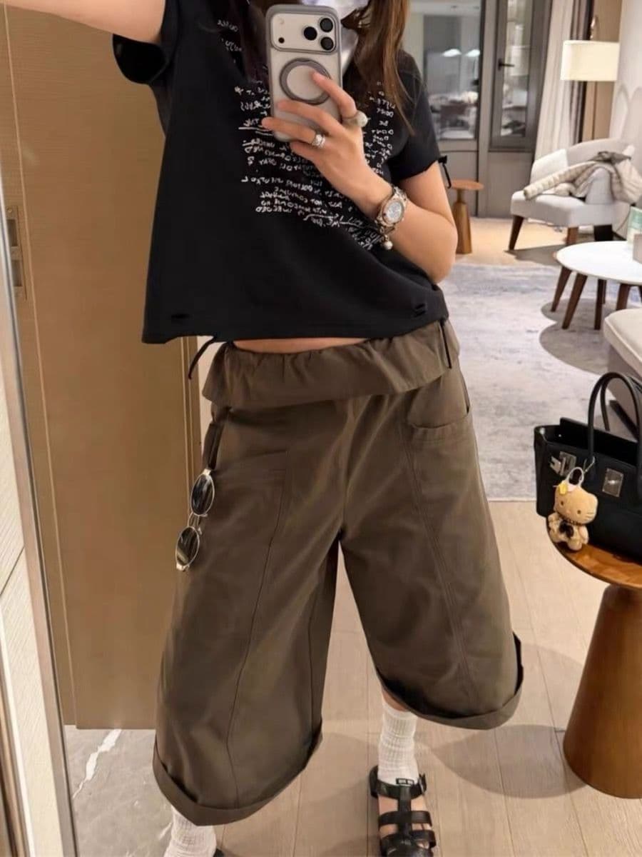 아메리칸 워크웨어 바람 레이스 뒤집다 허리 넓은 다리 7부 바지 여성 여름 새로운 루즈핏 슬림해 보이는 스트레이트 캐주얼 바지 상세 이미지 2