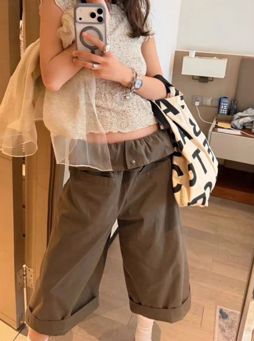 아메리칸 워크웨어 바람 레이스 뒤집다 허리 넓은 다리 7부 바지 여성 여름 새로운 루즈핏 슬림해 보이는 스트레이트 캐주얼 바지 상세 이미지 3