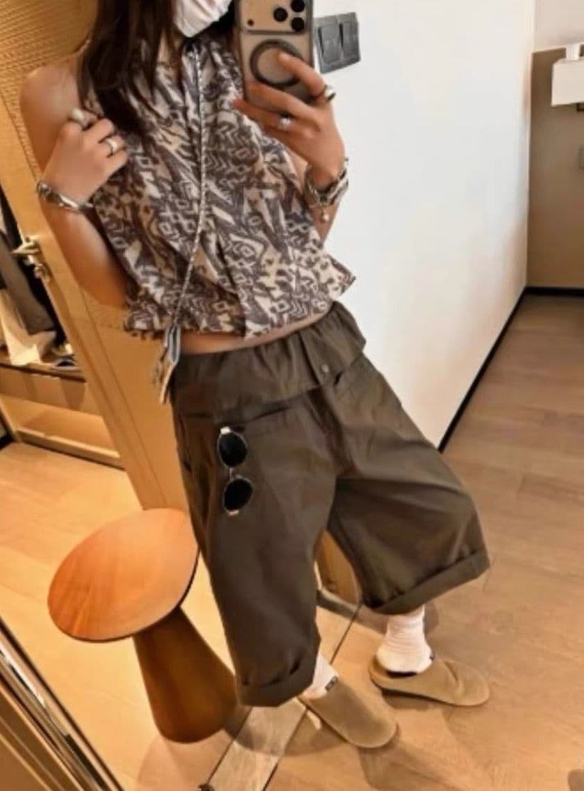 아메리칸 워크웨어 바람 레이스 뒤집다 허리 넓은 다리 7부 바지 여성 여름 새로운 루즈핏 슬림해 보이는 스트레이트 캐주얼 바지 상세 이미지 4