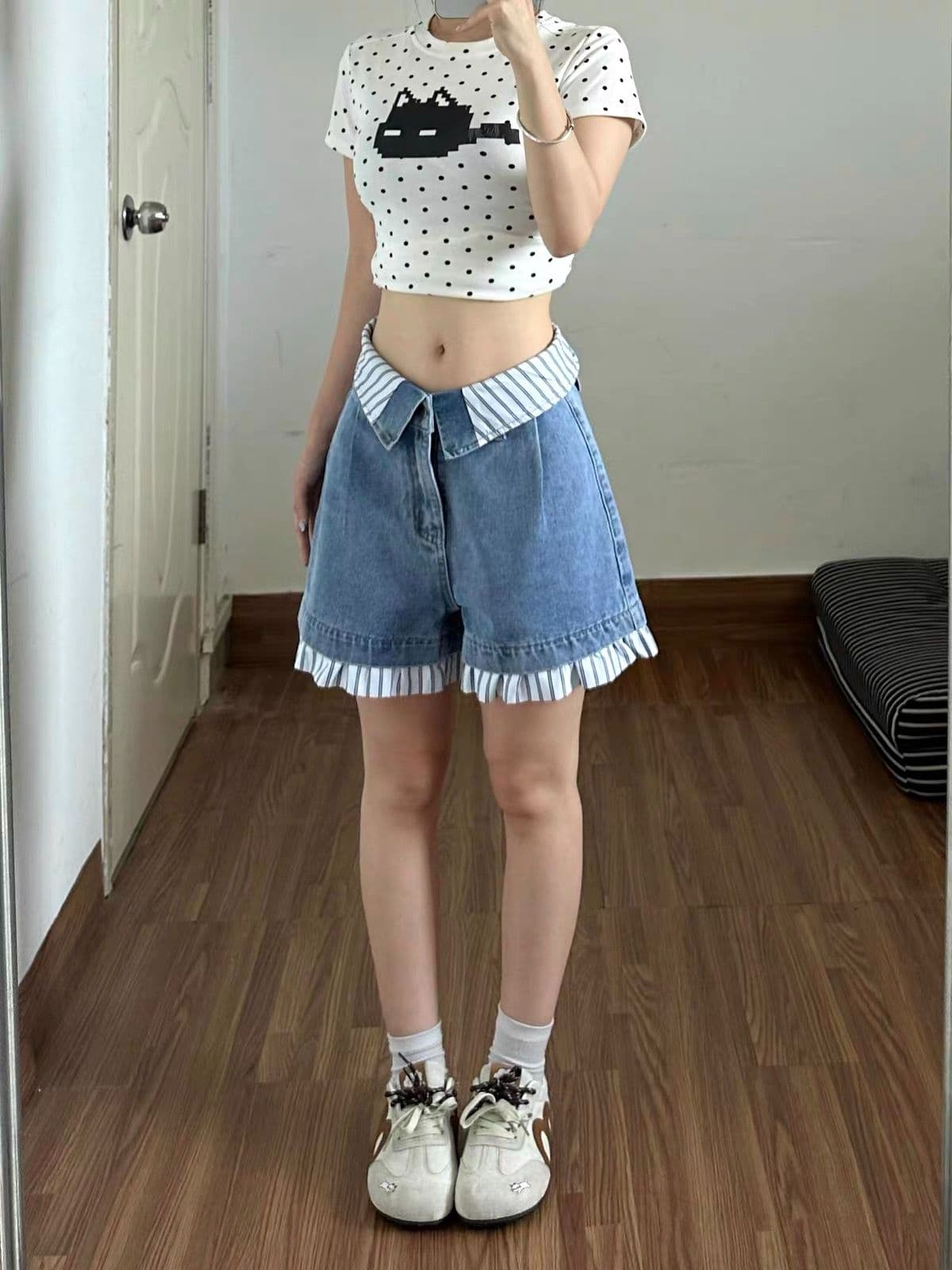 여름 새로운 루즈핏 꽃밭 바지 핫 바지 디자인 센스 스트라이프 패치워크 하이웨이스트 데님 반바지 바지 여자 이미지 2