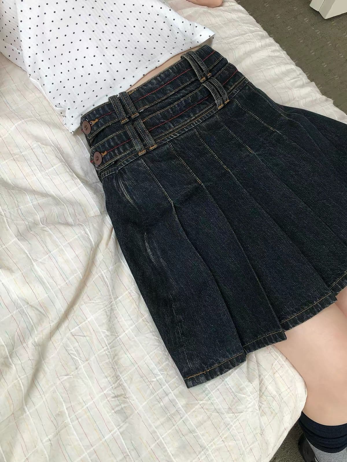 아메리칸 레트로 마 오래된 데님 플리츠 스커트 여름 여성 하이웨이스트 부서 버클 한 마디 플리츠 다용도 반신 스커트 상세 이미지 3