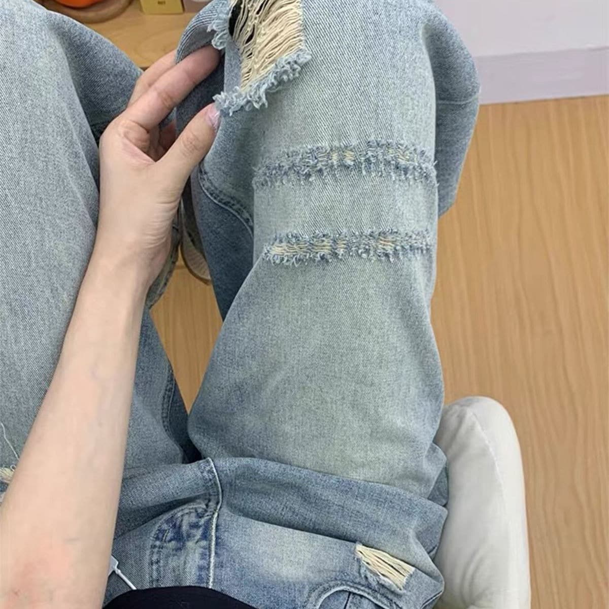 레트로 워싱 찢어진 부분 넓은 다리 청바지 여성 새로운 하이웨이스트 슬림해 보이는 느긋한 바람 도루 센스 바닥 청소 긴 바지 이미지 5