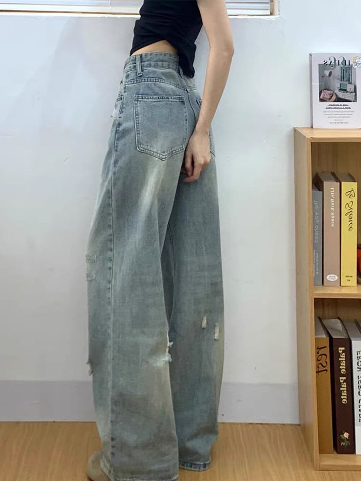 레트로 워싱 찢어진 부분 넓은 다리 청바지 여성 새로운 하이웨이스트 슬림해 보이는 느긋한 바람 도루 센스 바닥 청소 긴 바지 상세 이미지 2