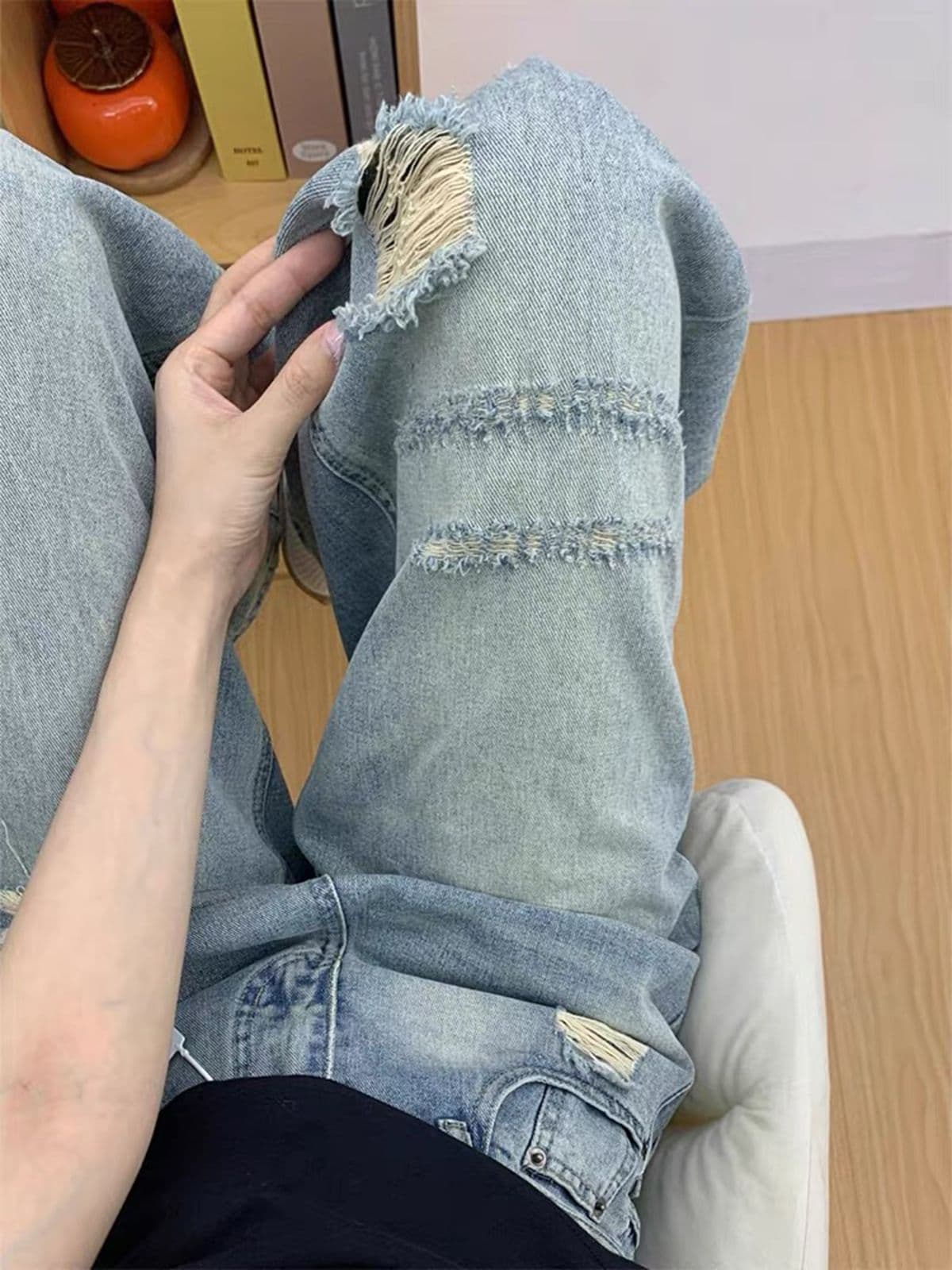 레트로 워싱 찢어진 부분 넓은 다리 청바지 여성 새로운 하이웨이스트 슬림해 보이는 느긋한 바람 도루 센스 바닥 청소 긴 바지 상세 이미지 4