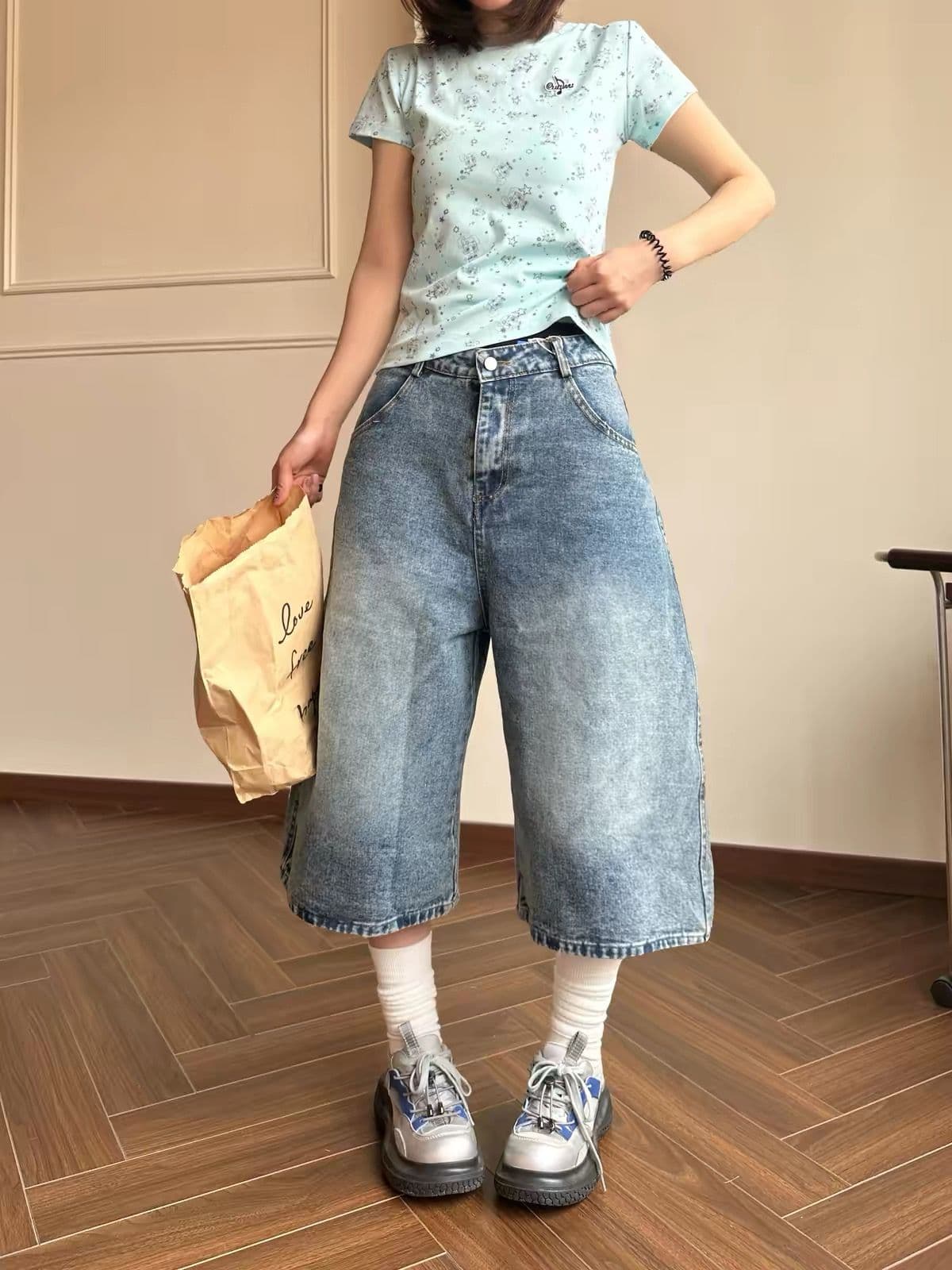 아메리칸 레트로 알파벳 별 자수 루즈핏 넓은 다리 스트레이트 7부 바지 남녀 여름 데님 반바지 상세 이미지 2