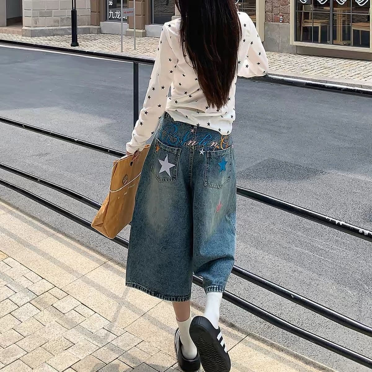 아메리칸 조수 브랜드 알파벳 자수 워싱 데님 7부 바지 여름 레트로 루즈핏 캐주얼 다용도 넓은 다리 바지 이미지 5