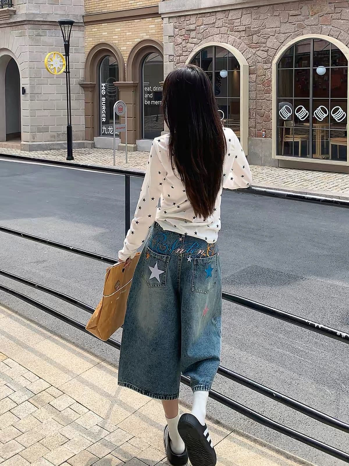 아메리칸 조수 브랜드 알파벳 자수 워싱 데님 7부 바지 여름 레트로 루즈핏 캐주얼 다용도 넓은 다리 바지 상세 이미지 4