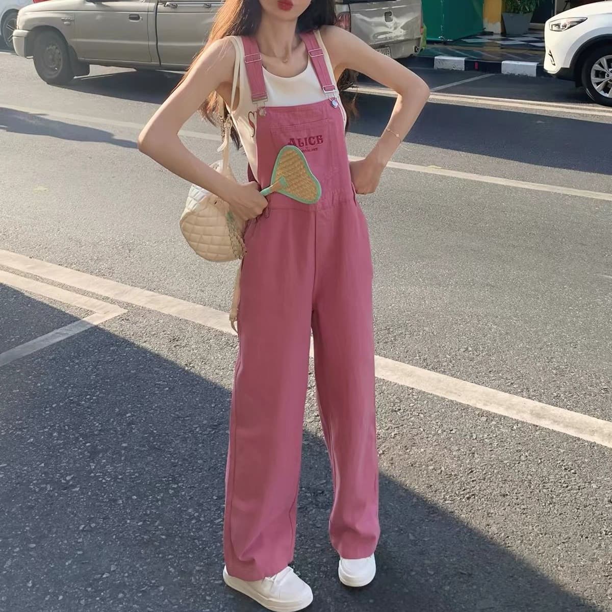 로즈 레드 워크웨어 데님 멜빵 바지 긴 바지 여성 여름 인터넷 유명인 폭발 캄파넬라 세과 일본식 우유 거의 거의 와이드 레그 팬츠 이미지 5