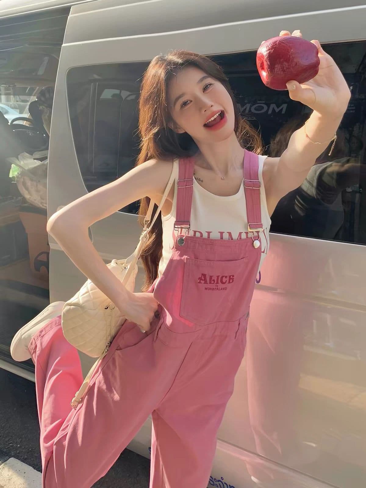 로즈 레드 워크웨어 데님 멜빵 바지 긴 바지 여성 여름 인터넷 유명인 폭발 캄파넬라 세과 일본식 우유 거의 거의 와이드 레그 팬츠 상세 이미지 1