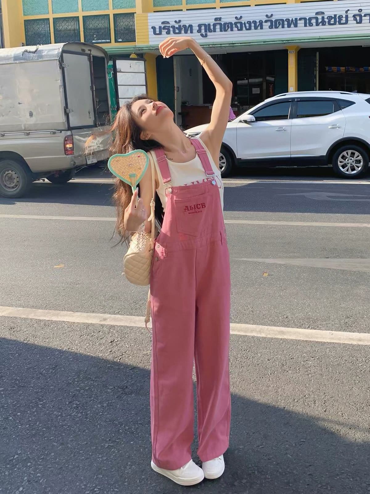 로즈 레드 워크웨어 데님 멜빵 바지 긴 바지 여성 여름 인터넷 유명인 폭발 캄파넬라 세과 일본식 우유 거의 거의 와이드 레그 팬츠 상세 이미지 2