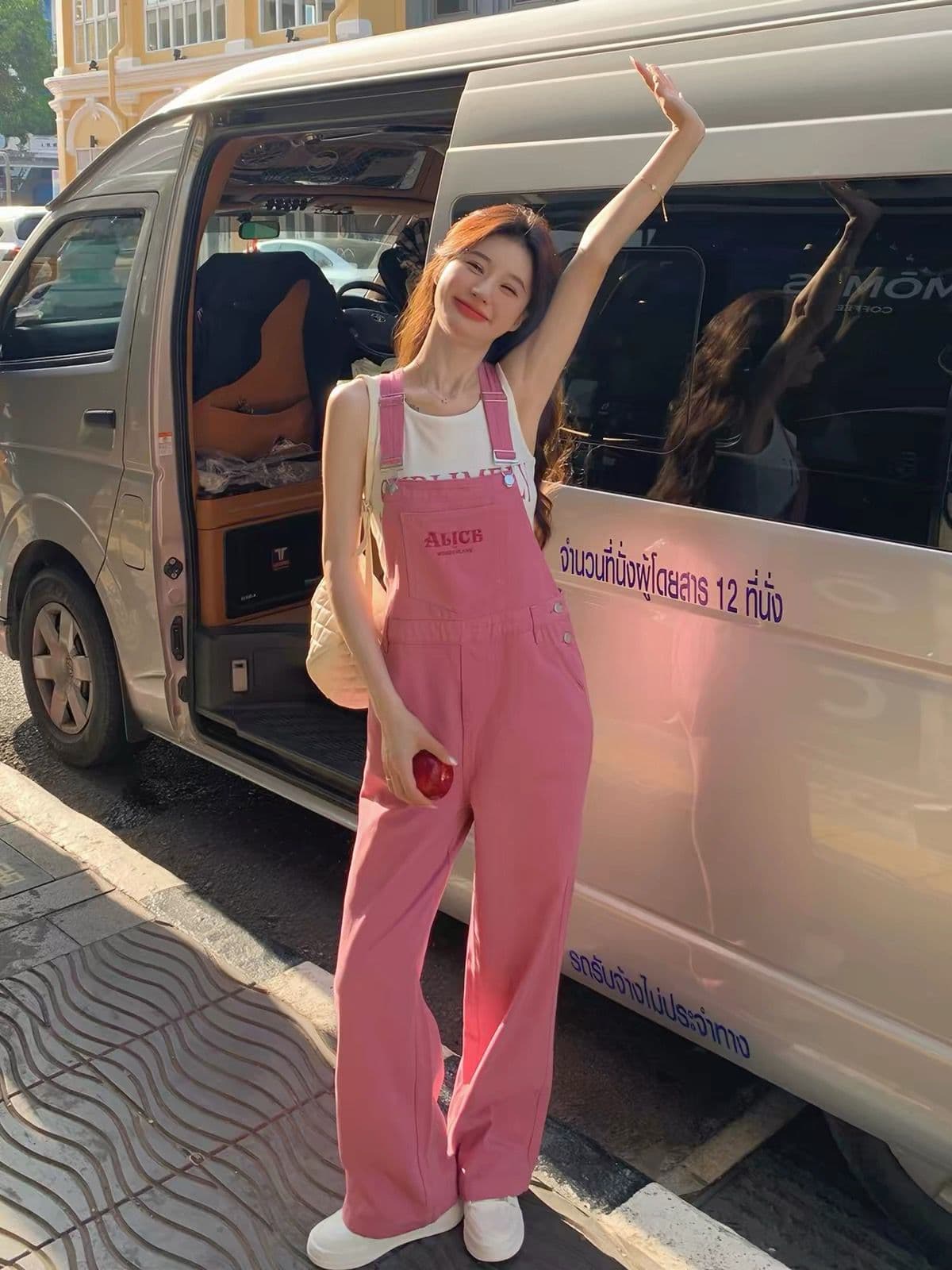 로즈 레드 워크웨어 데님 멜빵 바지 긴 바지 여성 여름 인터넷 유명인 폭발 캄파넬라 세과 일본식 우유 거의 거의 와이드 레그 팬츠 상세 이미지 3