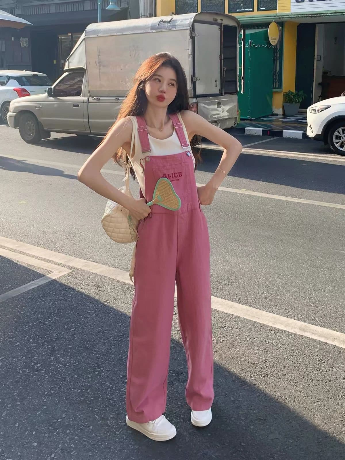 로즈 레드 워크웨어 데님 멜빵 바지 긴 바지 여성 여름 인터넷 유명인 폭발 캄파넬라 세과 일본식 우유 거의 거의 와이드 레그 팬츠 상세 이미지 5