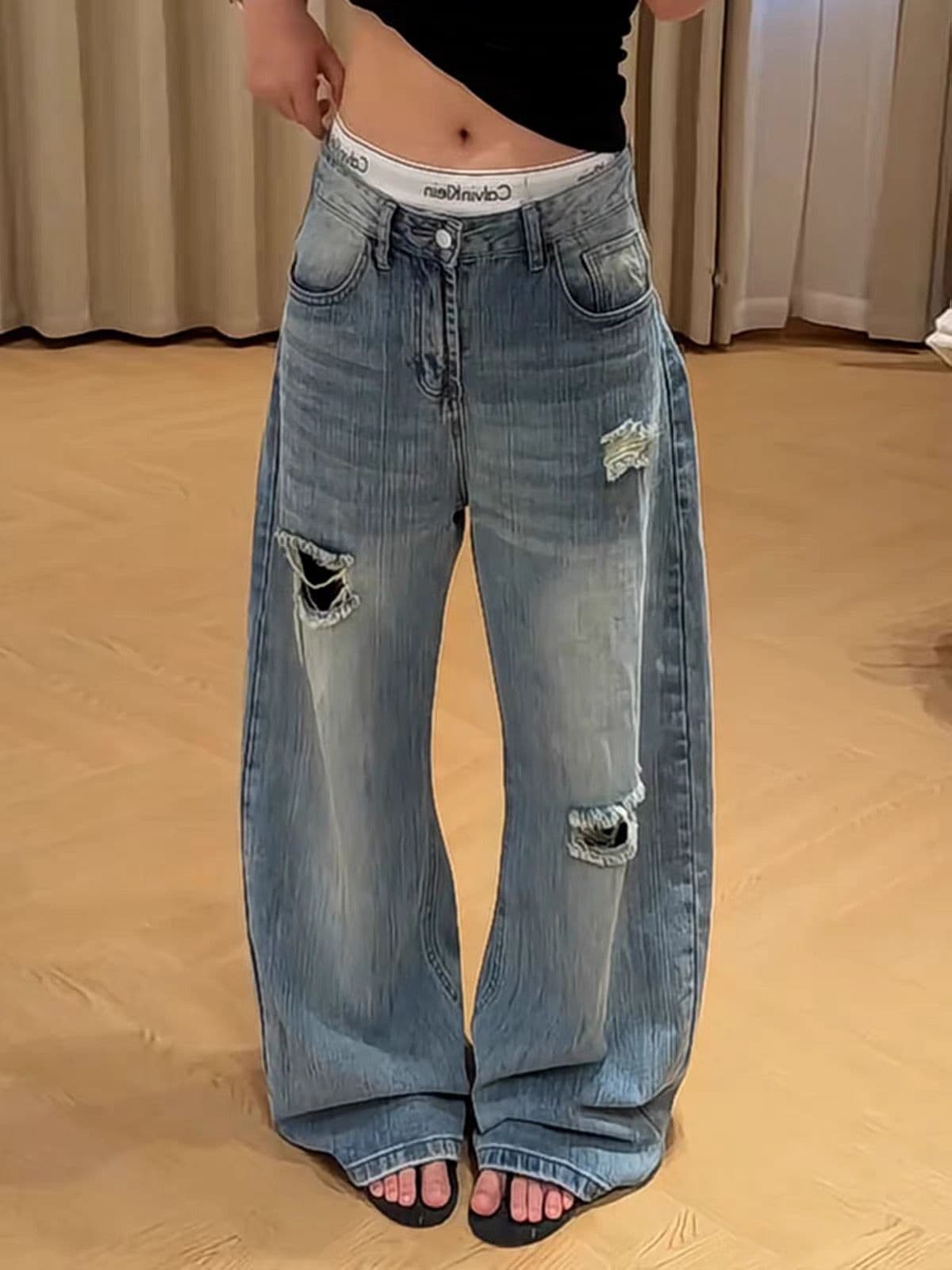 한 부서 여름 새로운 아메리칸 레트로 찢어진 부분 데님 와이드 레깅스 바지 느슨함 센스 하이웨이스트 도루 센스 바닥 청소 긴 바지 이미지 4