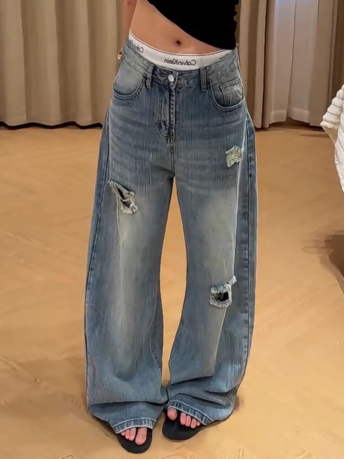 한 부서 여름 새로운 아메리칸 레트로 찢어진 부분 데님 와이드 레깅스 바지 느슨함 센스 하이웨이스트 도루 센스 바닥 청소 긴 바지 상세 이미지 3