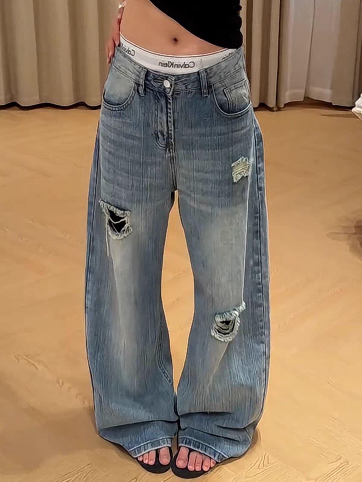 한 부서 여름 새로운 아메리칸 레트로 찢어진 부분 데님 와이드 레깅스 바지 느슨함 센스 하이웨이스트 도루 센스 바닥 청소 긴 바지 상세 이미지 4