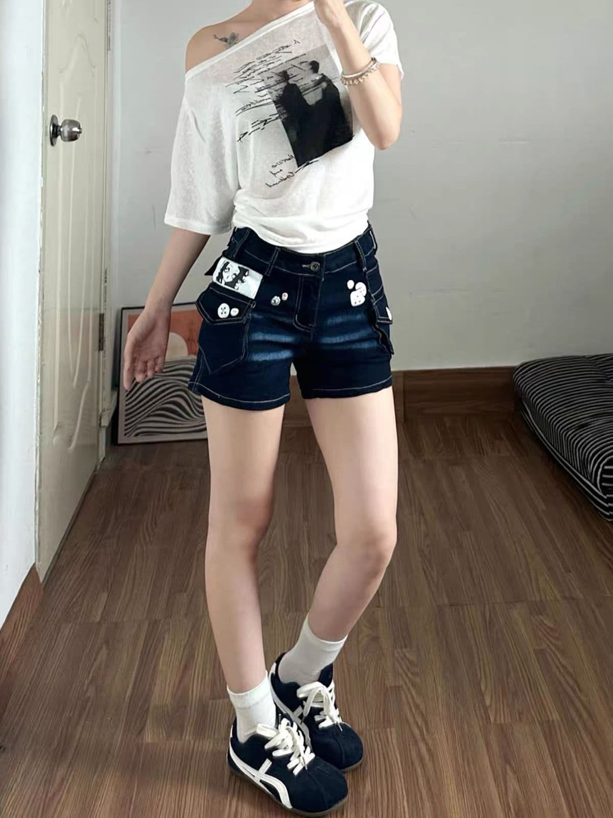 아메리칸 레트로 단추 프린트 로우 웨이스트 데님 반바지 바지 여자 2026 여름 새로운 핫걸 워크웨어 핫 바지